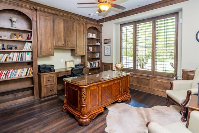 office with dark hardwood / wood-style flooring, ceiling fan, and ornamental molding