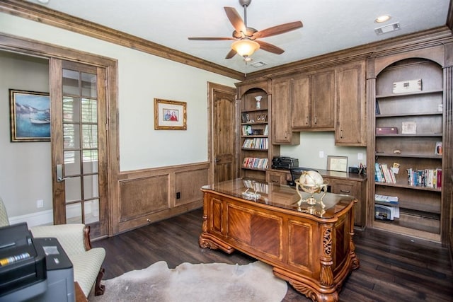 office area featuring french doors, dark hardwood / wood-style floors, ceiling fan, and ornamental molding