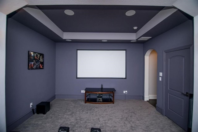 carpeted cinema room with a tray ceiling