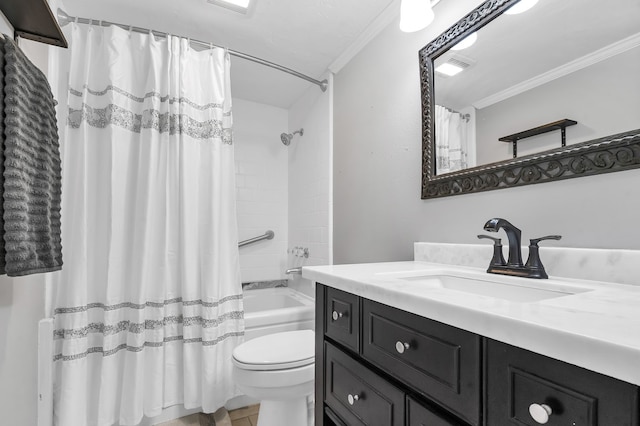 full bathroom featuring vanity, shower / bath combination with curtain, tile patterned flooring, toilet, and ornamental molding