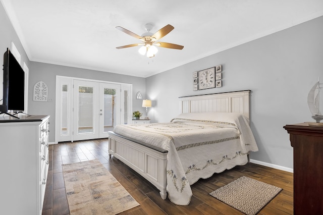 bedroom with french doors, dark hardwood / wood-style floors, ceiling fan, and access to outside