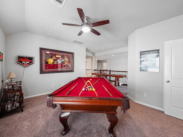 playroom featuring pool table, vaulted ceiling, ceiling fan, and carpet flooring