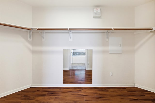 walk in closet with dark wood-type flooring