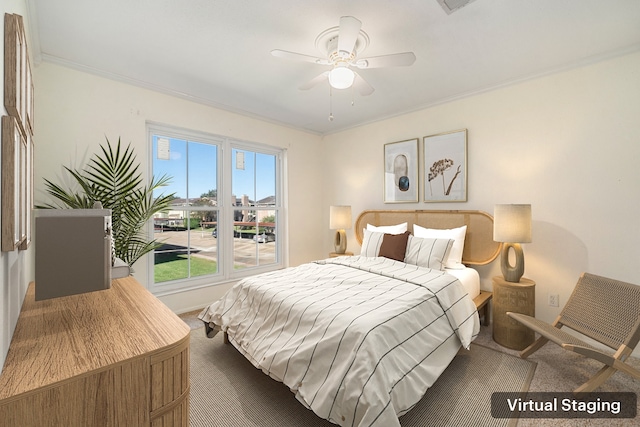 bedroom featuring ceiling fan, crown molding, and carpet floors