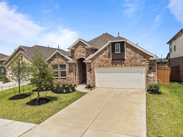 view of front of property featuring a front yard and a garage