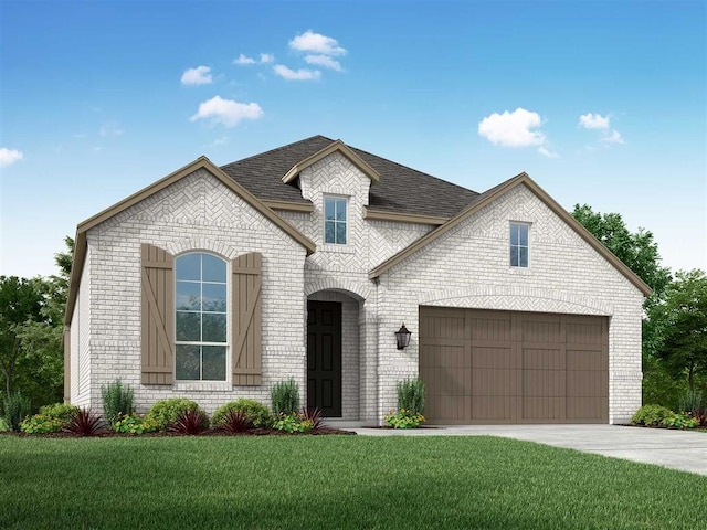 french provincial home featuring a garage and a front lawn