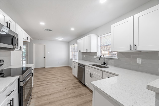 kitchen with stainless steel appliances, light stone counters, sink, white cabinetry, and backsplash