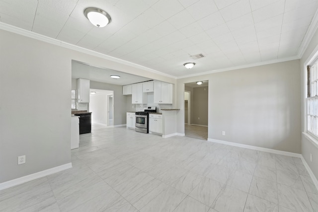 unfurnished living room featuring crown molding