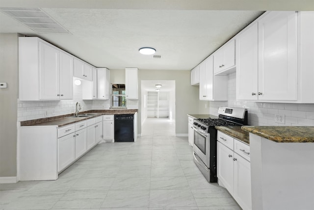 kitchen featuring backsplash, dark stone counters, gas range, dishwasher, and white cabinetry