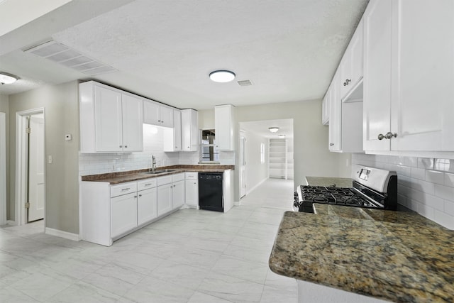 kitchen with tasteful backsplash, stainless steel range, sink, dishwasher, and white cabinets