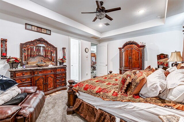 bedroom featuring a raised ceiling and ceiling fan