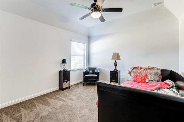 bedroom with lofted ceiling, ceiling fan, and carpet