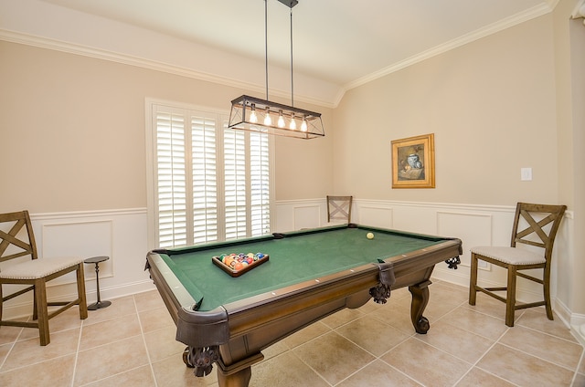 playroom featuring tile patterned floors, crown molding, and pool table