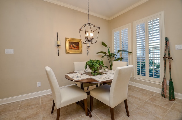 tiled dining area featuring a chandelier and crown molding