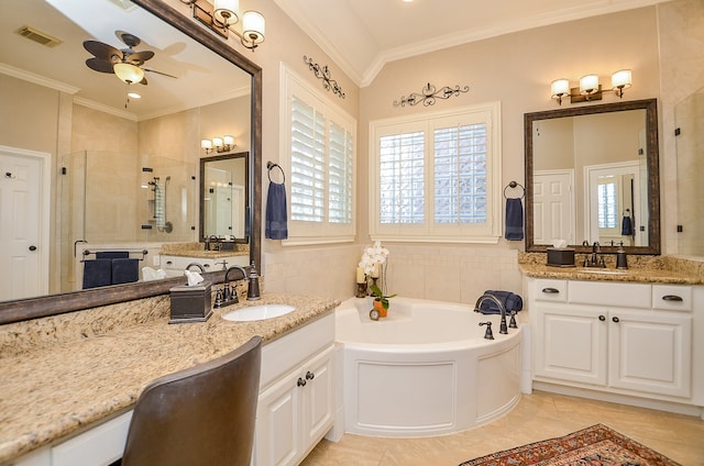 bathroom featuring plus walk in shower, ornamental molding, and a wealth of natural light