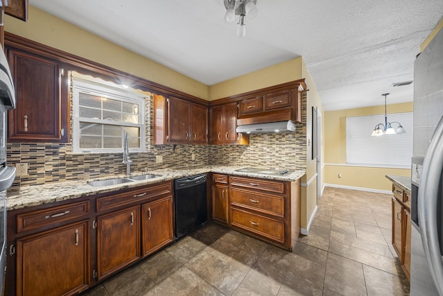 kitchen featuring decorative backsplash, sink, black appliances, a notable chandelier, and hanging light fixtures