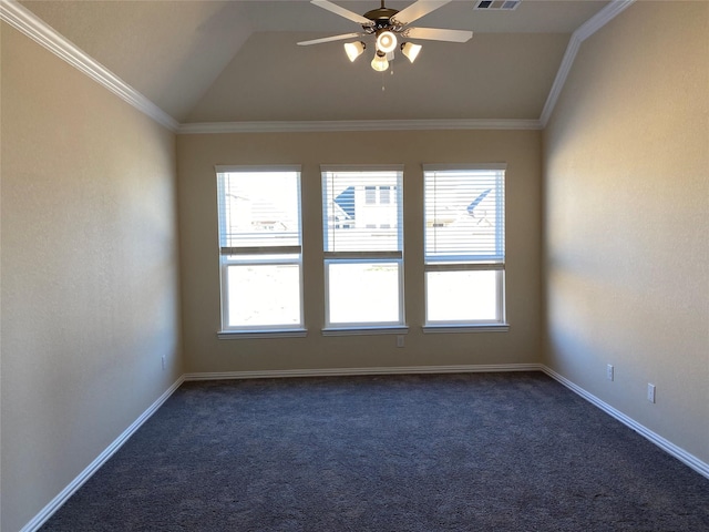 carpeted empty room featuring ornamental molding, ceiling fan, and lofted ceiling