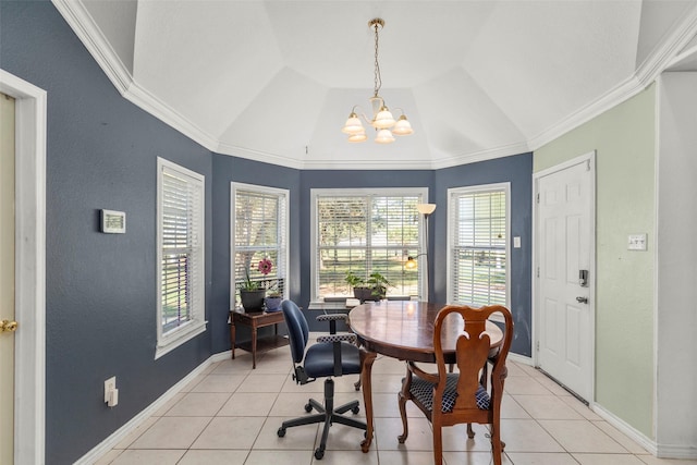 16004 Penick Rd, Waller, TX 77484 - home office featuring light tile patterned floors, a chandelier, lofted ceiling, and crown molding