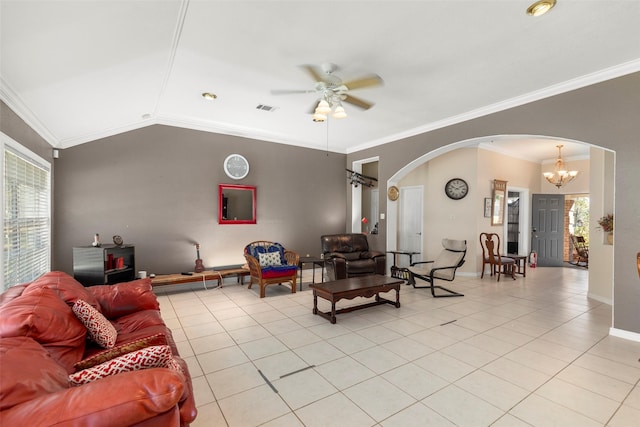16004 Penick Rd, Waller, TX 77484 - living area with arched walkways, light tile patterned flooring, a ceiling fan, a chandelier, and ornamental molding
