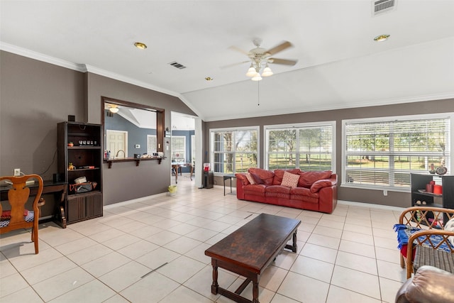 16004 Penick Rd, Waller, TX 77484 - living room with ceiling fan, lofted ceiling, light tile patterned floors, and ornamental molding