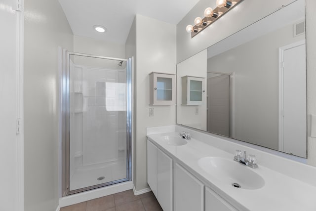 bathroom featuring tile patterned floors, vanity, and walk in shower