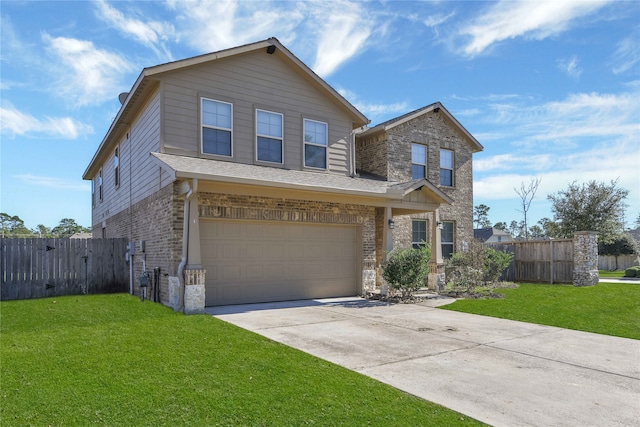 view of property with a garage and a front lawn