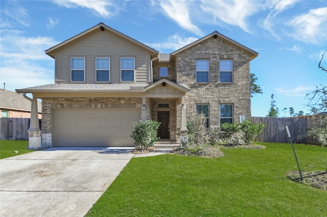 craftsman house with a garage and a front lawn