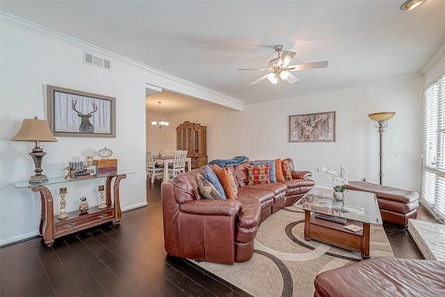 living room featuring crown molding, dark hardwood / wood-style floors, and ceiling fan with notable chandelier