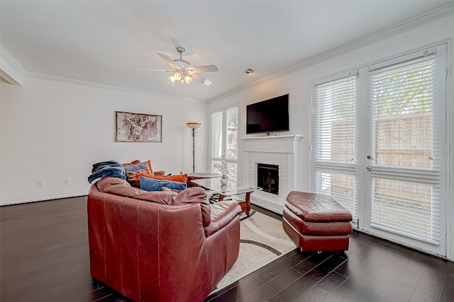 living room featuring dark hardwood / wood-style flooring, crown molding, a fireplace, and ceiling fan