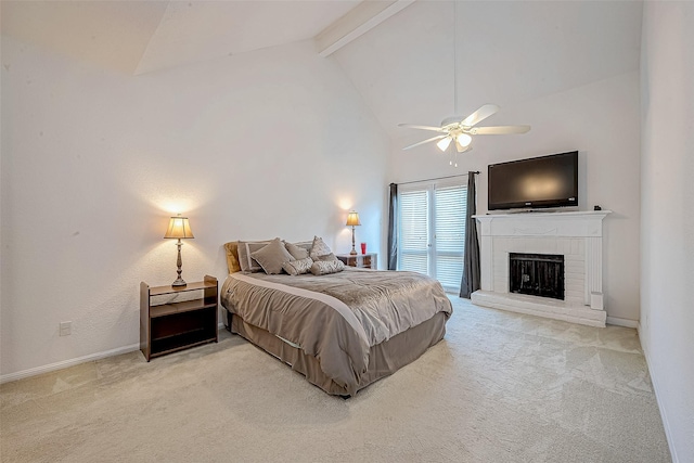 bedroom featuring light carpet, high vaulted ceiling, a brick fireplace, and beam ceiling