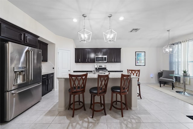 kitchen featuring decorative backsplash, a kitchen island with sink, hanging light fixtures, and appliances with stainless steel finishes