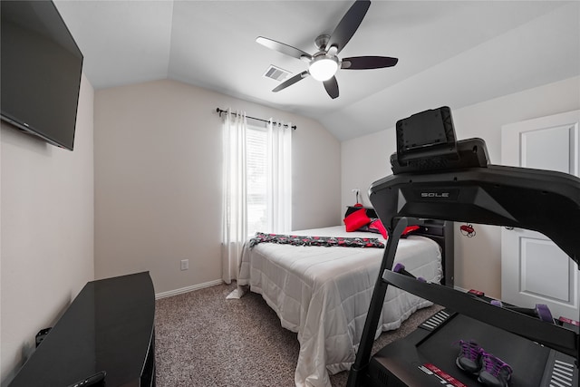 bedroom with carpet, ceiling fan, and vaulted ceiling