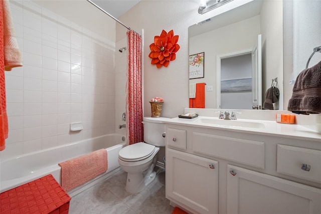 full bathroom with tile patterned flooring, vanity, shower / tub combo, and toilet