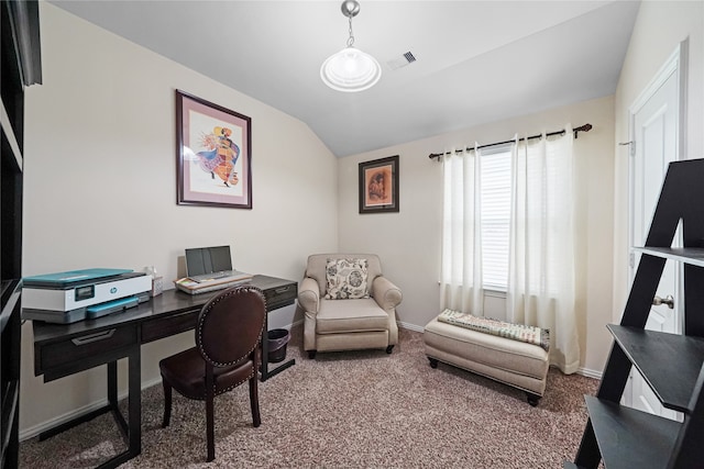 carpeted office featuring a wealth of natural light and lofted ceiling