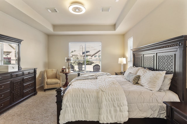 carpeted bedroom with a tray ceiling