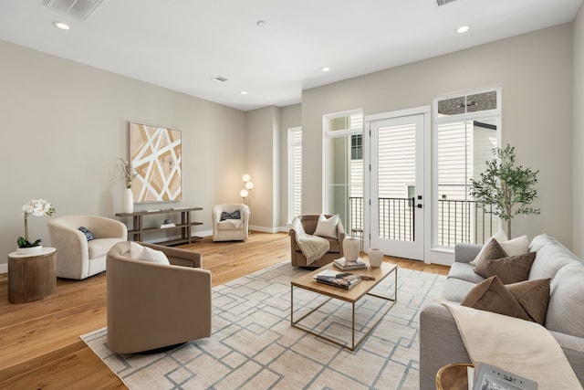 living room featuring light hardwood / wood-style flooring and a wealth of natural light