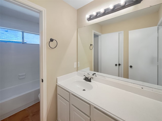 bathroom with tile patterned flooring, vanity, and shower / bathtub combination