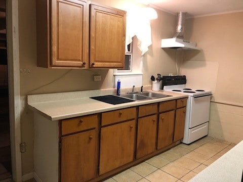 kitchen featuring sink, white range with electric cooktop, light tile patterned flooring, exhaust hood, and ornamental molding