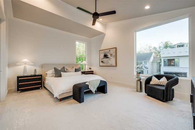 bedroom with a ceiling fan, baseboards, carpet floors, recessed lighting, and ornamental molding