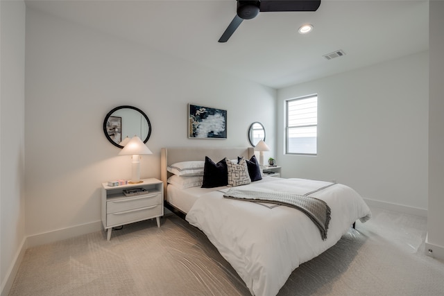 carpeted bedroom featuring ceiling fan