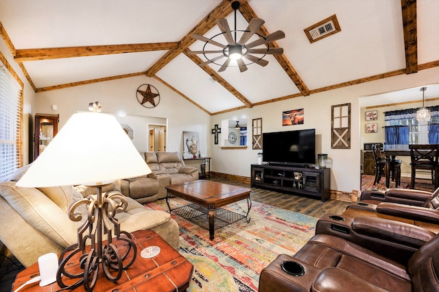 living room featuring beam ceiling, ceiling fan, hardwood / wood-style floors, and high vaulted ceiling