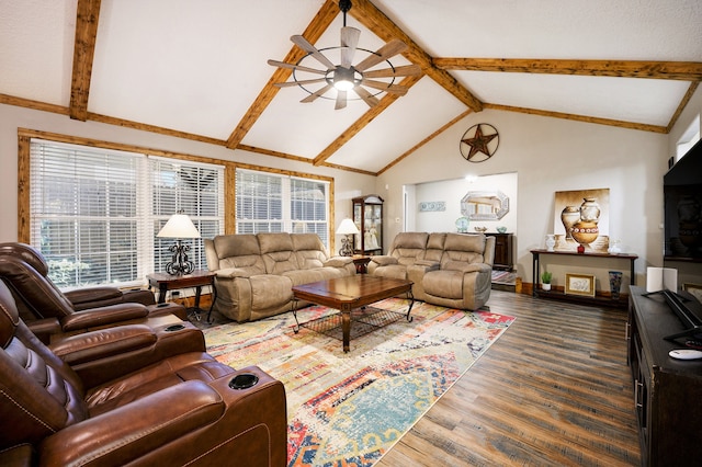 living room featuring beamed ceiling, ceiling fan, dark hardwood / wood-style flooring, and high vaulted ceiling