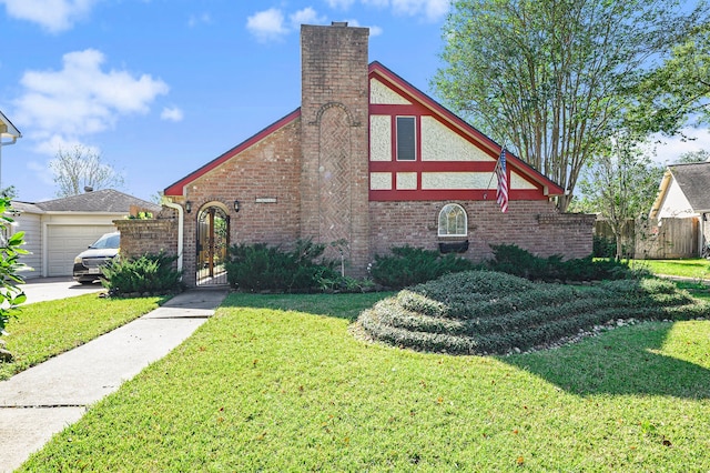 view of side of home featuring a garage and a lawn