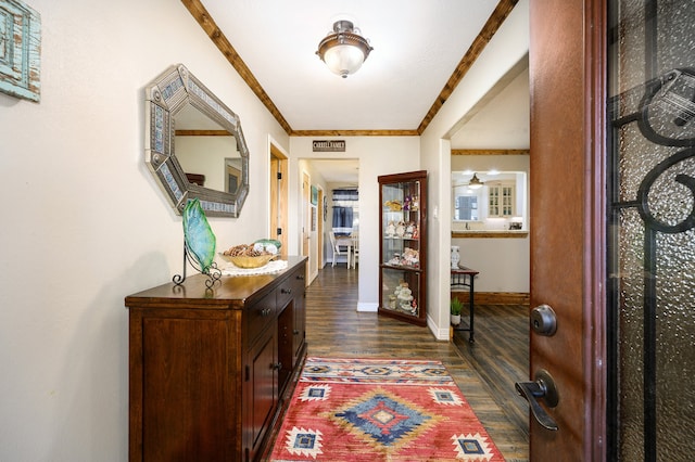 entrance foyer featuring ceiling fan, dark hardwood / wood-style floors, and ornamental molding