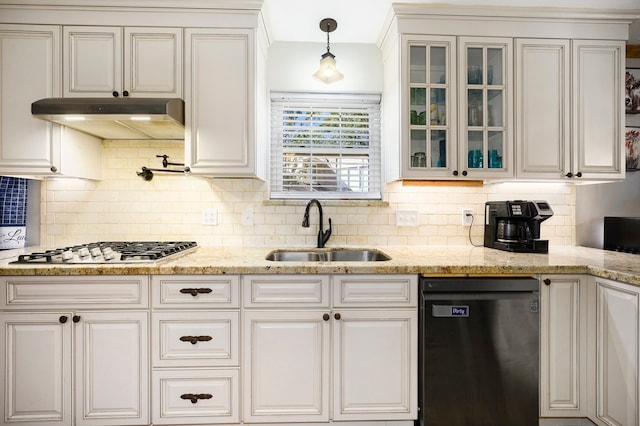 kitchen featuring dishwasher, white cabinets, decorative light fixtures, and sink