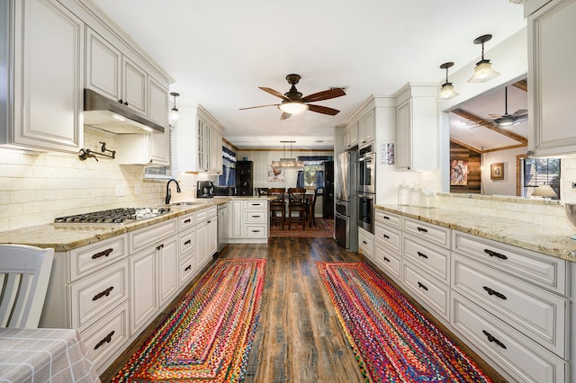 kitchen with ceiling fan, stainless steel appliances, dark hardwood / wood-style floors, kitchen peninsula, and pendant lighting