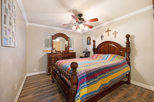 bedroom with ceiling fan, ornamental molding, and dark wood-type flooring