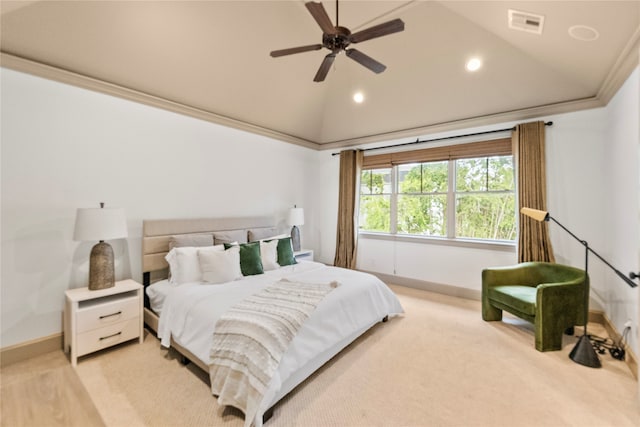 carpeted bedroom featuring ornamental molding, ceiling fan, and lofted ceiling