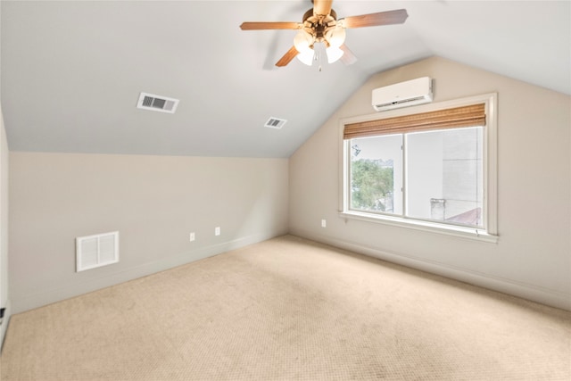 additional living space featuring a wall mounted AC, ceiling fan, light carpet, and lofted ceiling