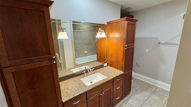 bathroom with tile patterned flooring, vanity, and tiled shower / bath combo